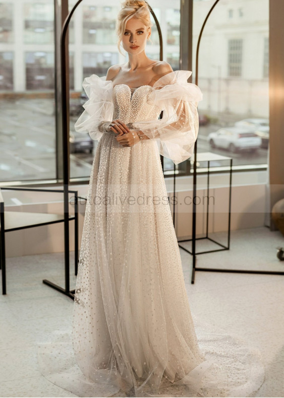 Ivory Glitter Lace Wedding Dress With Detachable Sleeves